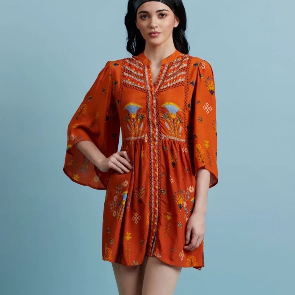 Label Ritukumar Orange Embroidered Short Dress with Blue & Yellow Accents